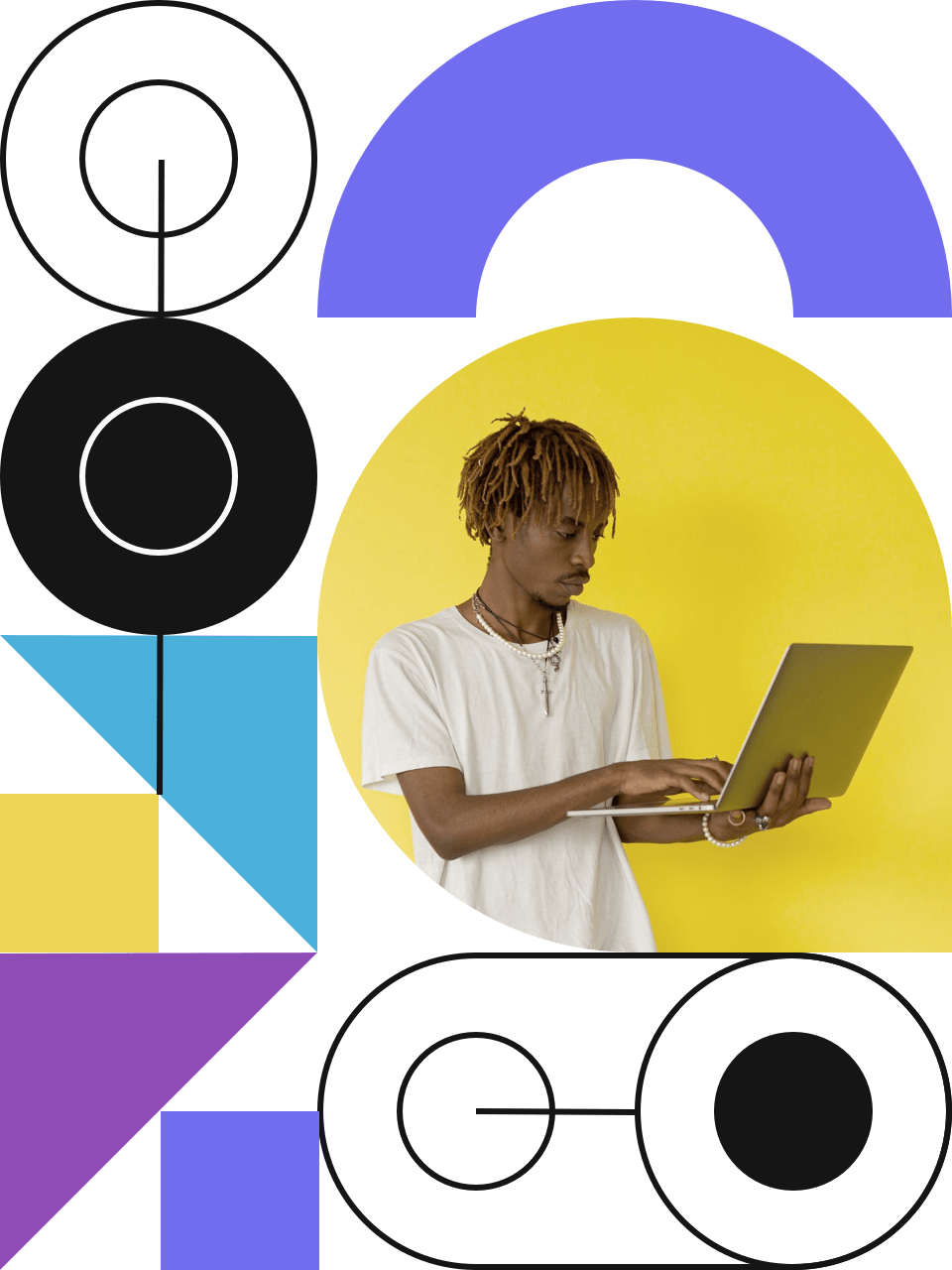 A person working on a computer while it is on his hand